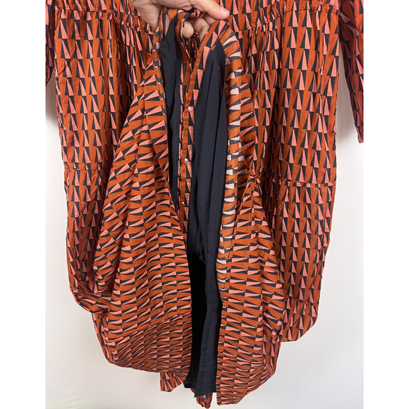Trovata Birds of Paradis L Geometric Print Button Front Midi Dress Orange Long - Picture 10 of 11